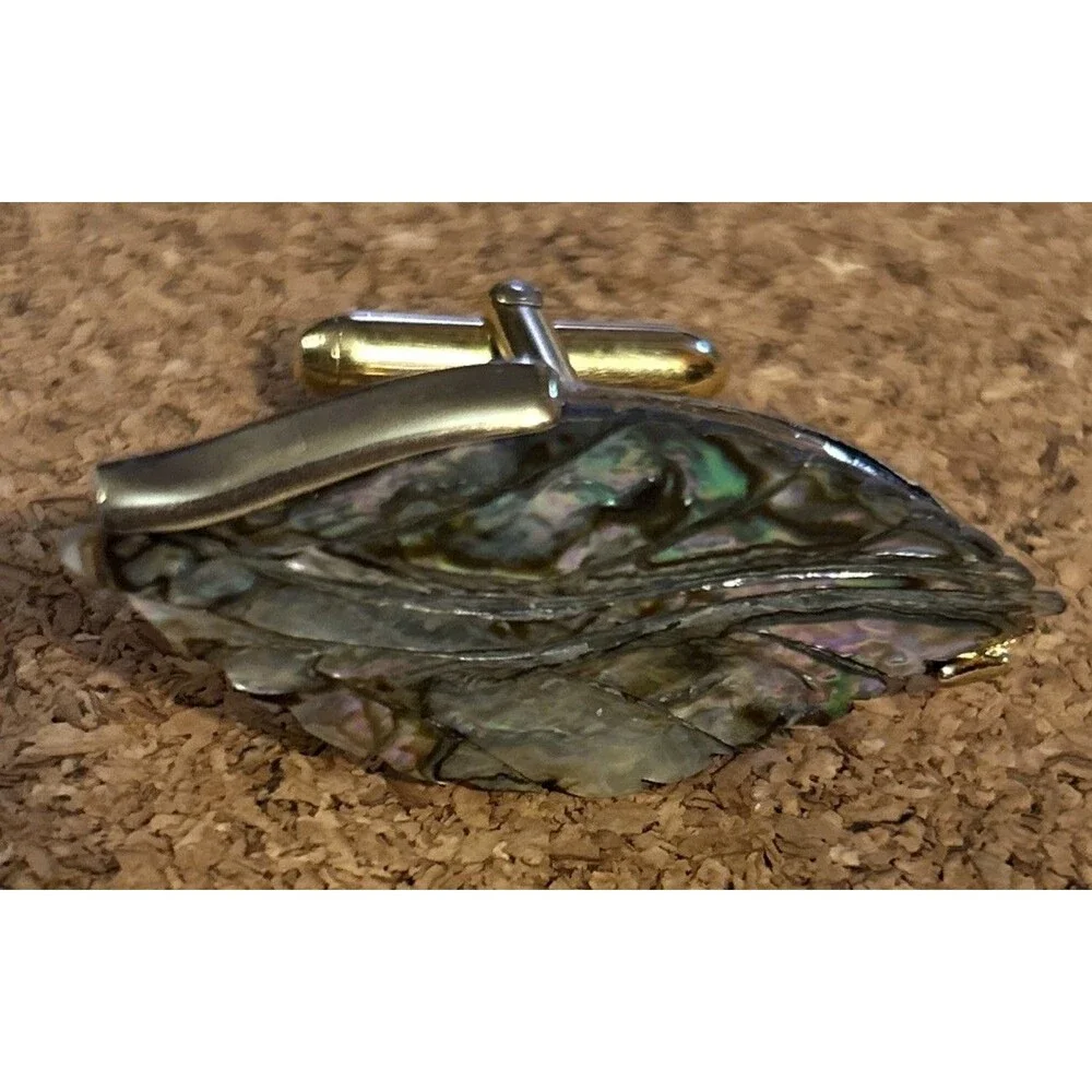 Vintage Shields Mid Century Carved Abalone Shell Wing Cuff Links MCM Gold Tone